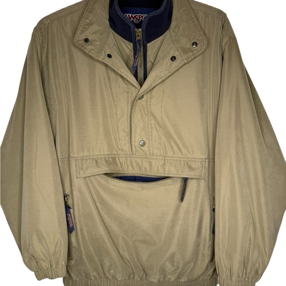 Jansport VTG 90s Size M 1/4 Zip Pullover Puffer Tan Nylon Jacket Kangaroo Pouch - Picture 5 of 13